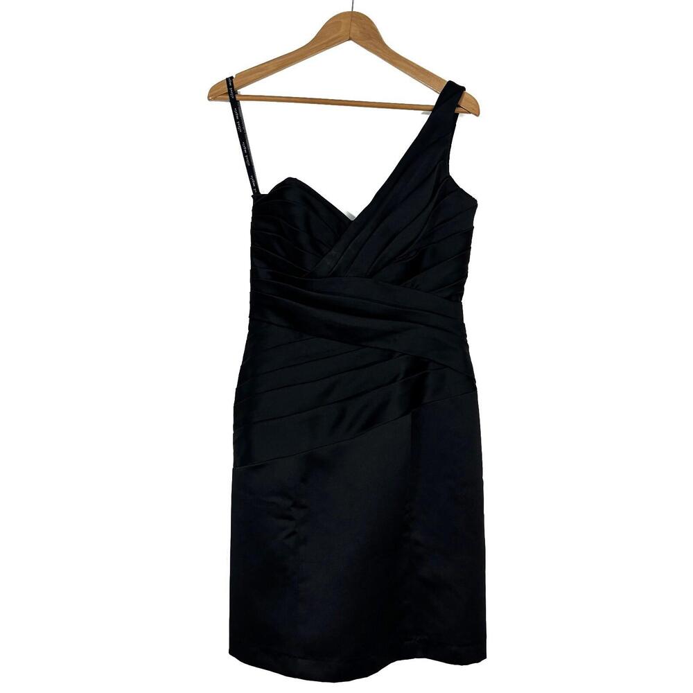 Alfred Angelo Size 6 Small Solid Black Satin One Shoulder Pleated Cocktail Dress